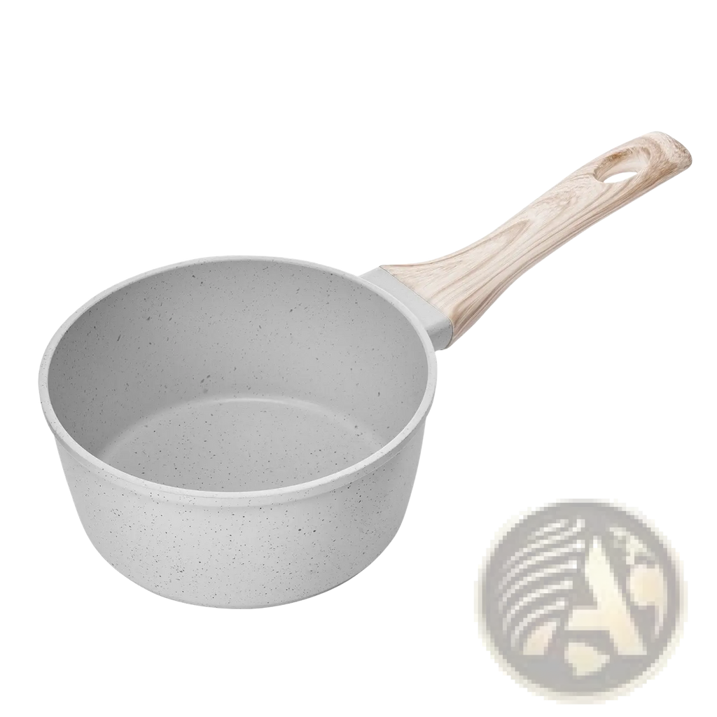 Gray speckled nonstick 1.5 qt saucepan with detachable light wood handle for versatile cooking use