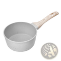 Gray speckled nonstick 1.5 qt saucepan with detachable light wood handle for versatile cooking use