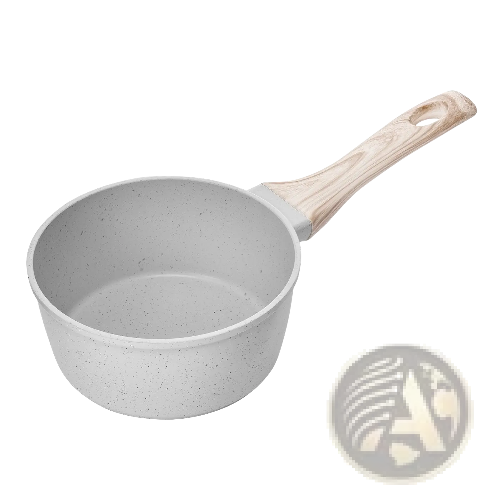 Gray speckled nonstick 1.5 qt saucepan with detachable light wood handle for versatile cooking use