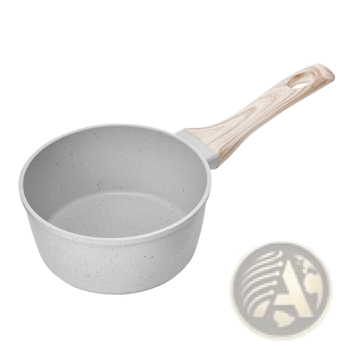 Gray speckled nonstick 1.5 qt saucepan with detachable light wood handle for versatile cooking use