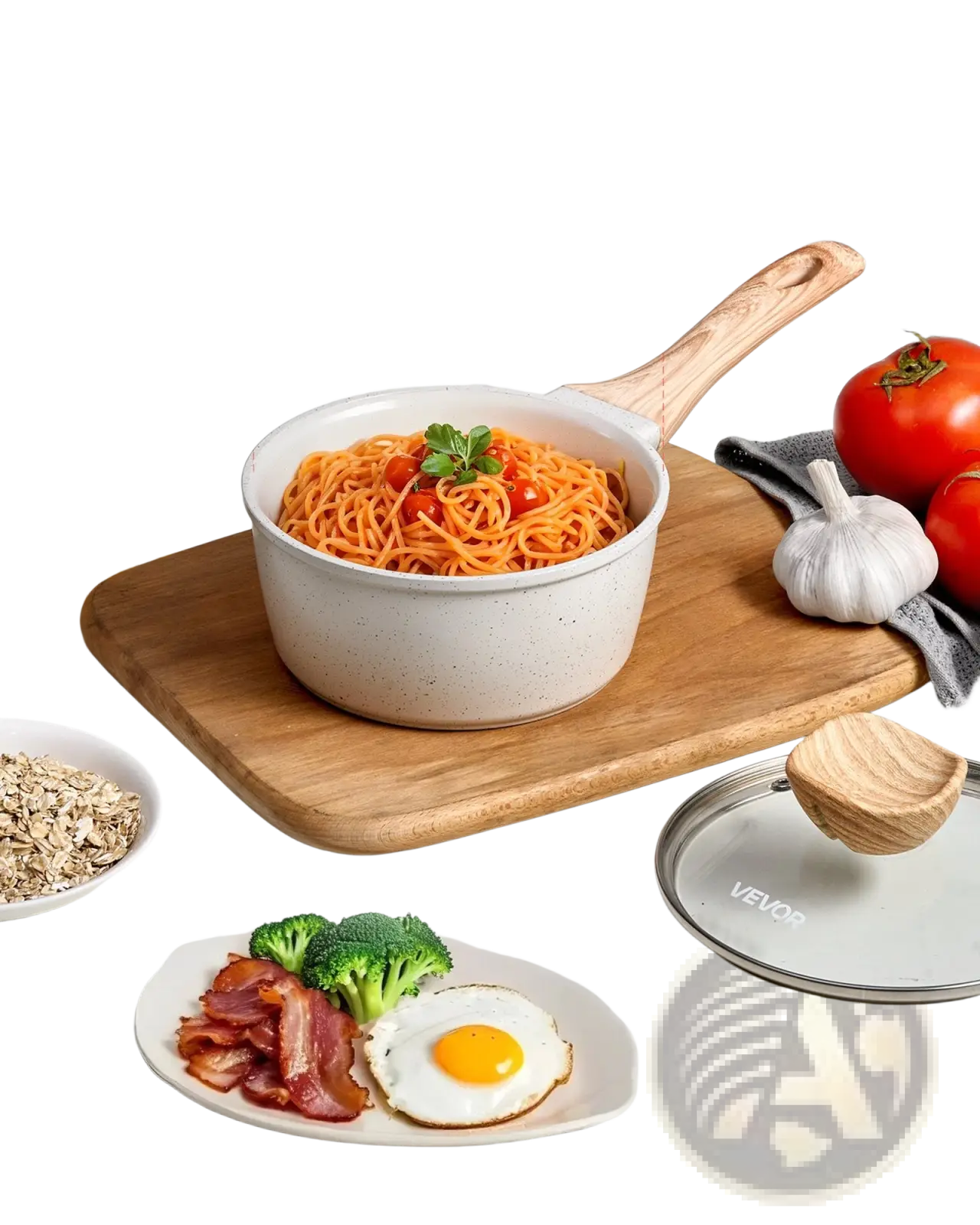 A 1.5 qt white speckled nonstick saucepan with detachable wooden handle and vevor branded glass lid