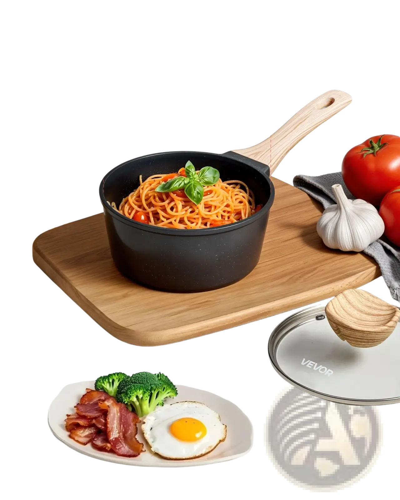 Black 1.5 qt nonstick saucepan with wooden handle and matching lid featuring a sleek non-stick interior for easy cooking
