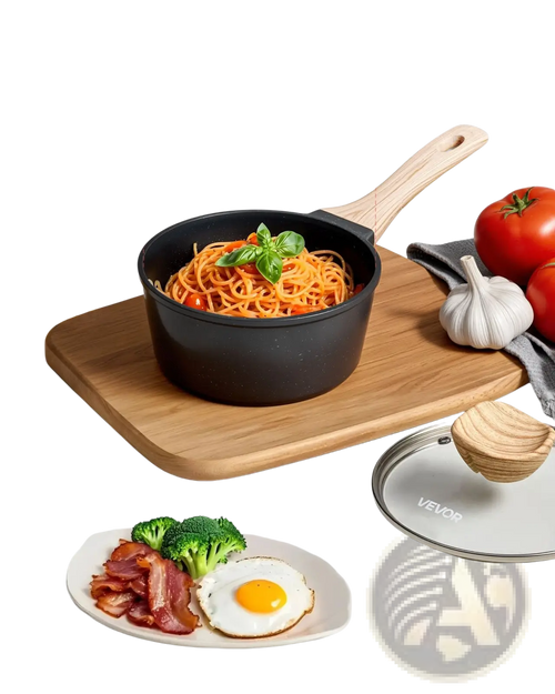 Black 1.5 qt nonstick saucepan with wooden handle and matching lid featuring a sleek non-stick interior for easy cooking