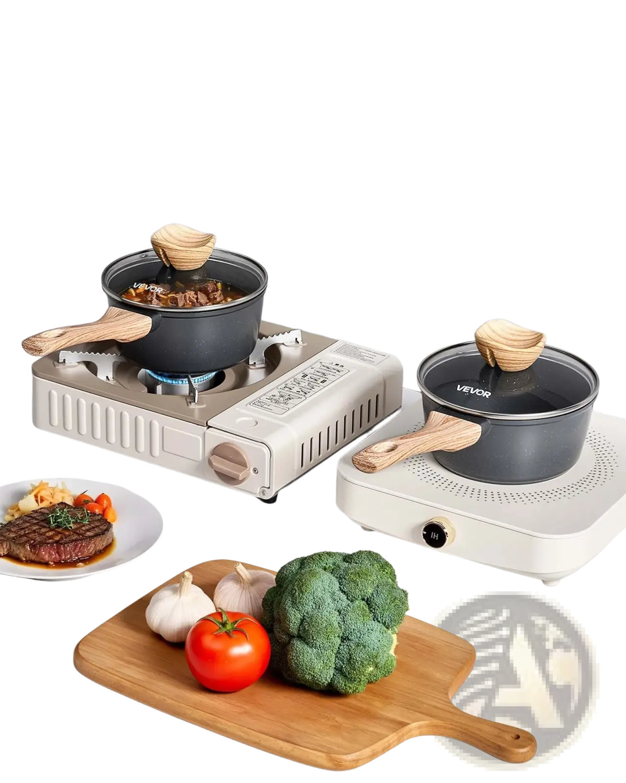 White portable electric stove with wooden handles holding a black 1.5 qt nonstick saucepan with lid and wood handle