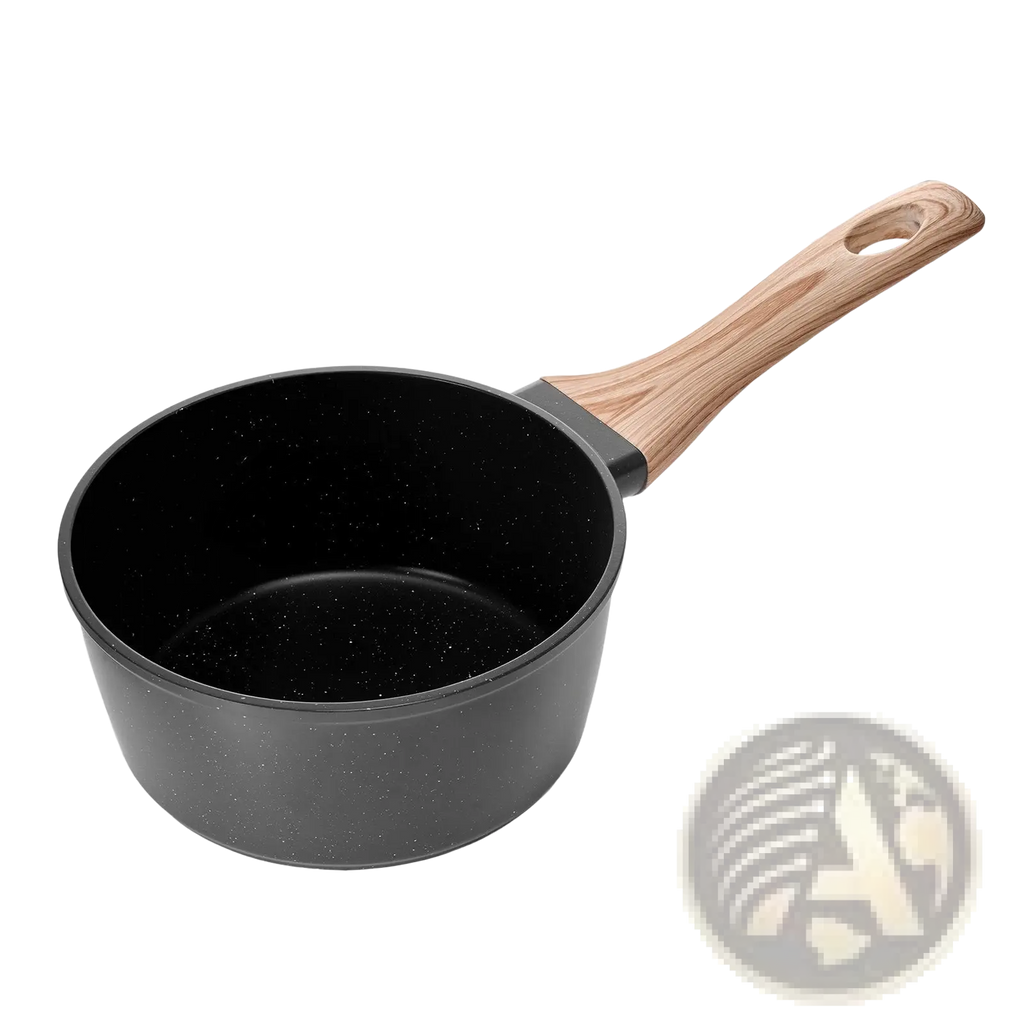 1.5 qt black speckled nonstick saucepan with lid and light wood handle for cooking and sautéing
