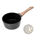 1.5 qt black speckled nonstick saucepan with lid and light wood handle for cooking and sautéing