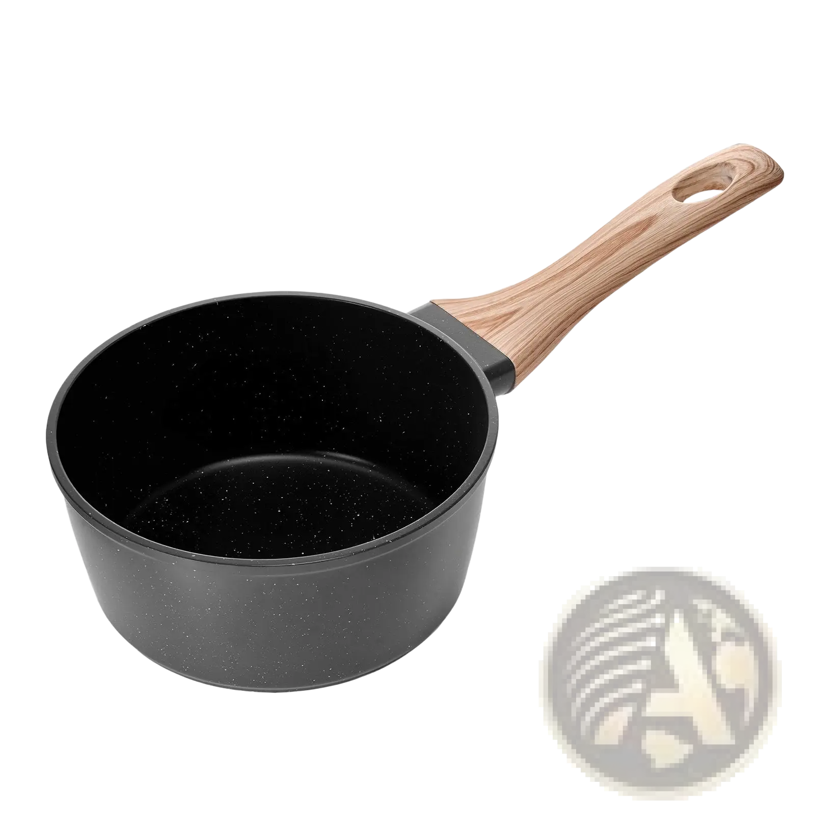 1.5 qt black speckled nonstick saucepan with lid and light wood handle for cooking and sautéing