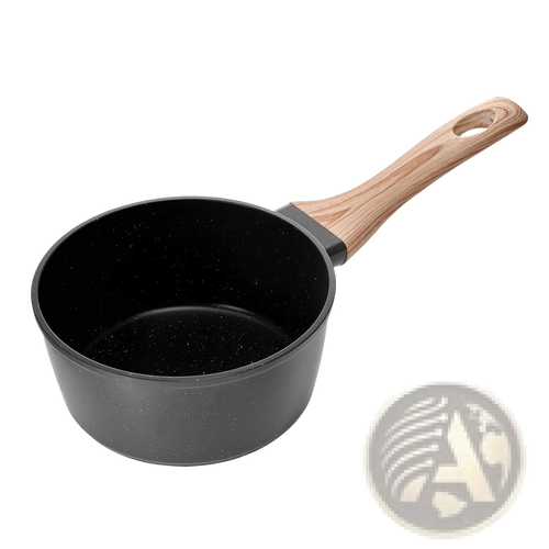 1.5 qt black speckled nonstick saucepan with lid and light wood handle for cooking and sautéing