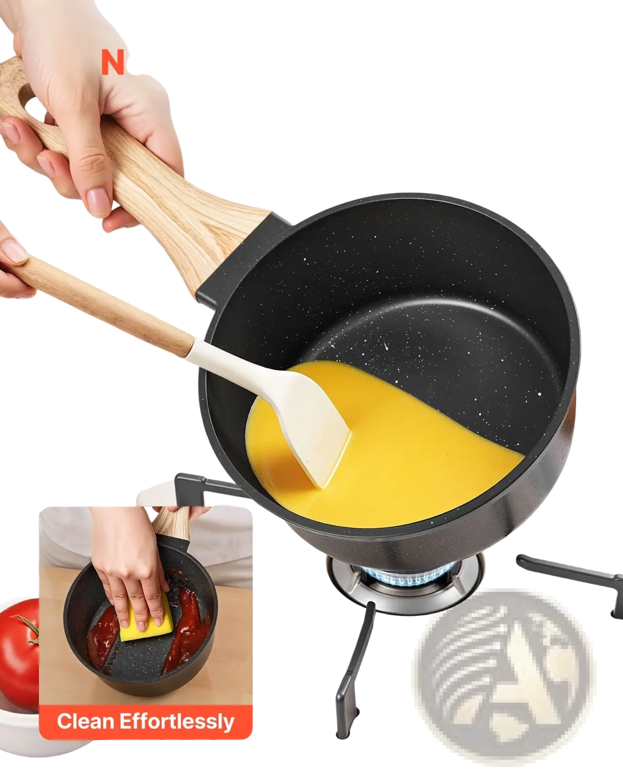 Black 1.5 qt nonstick saucepan with lid and wood handle stirring yellow liquid on stovetop with speckled interior