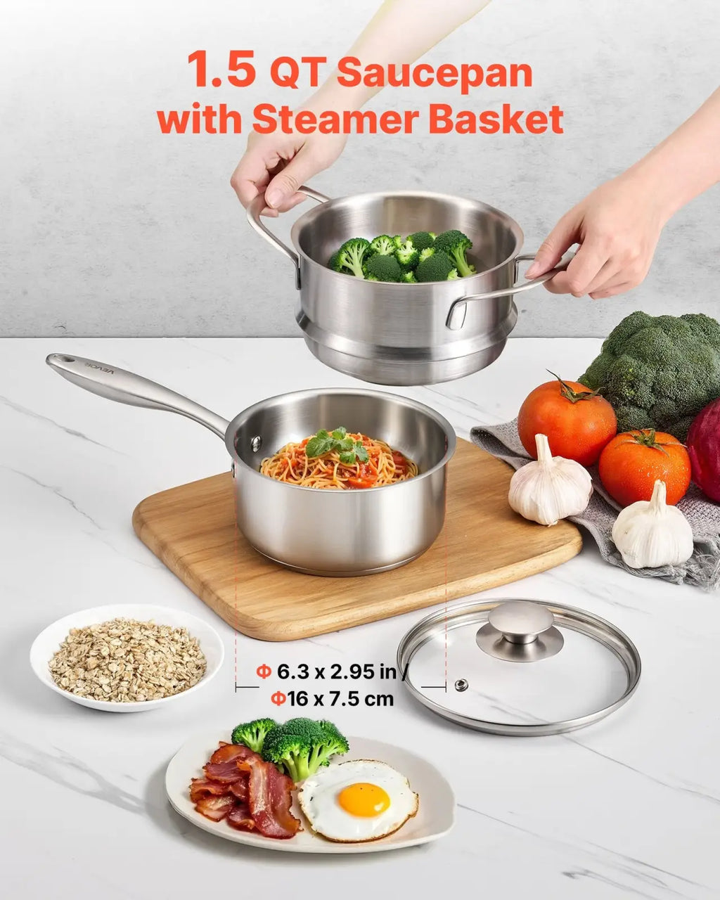 1.5 qt stainless steel saucepan with steamer basket featuring sleek metallic finish and dual handles for easy handling