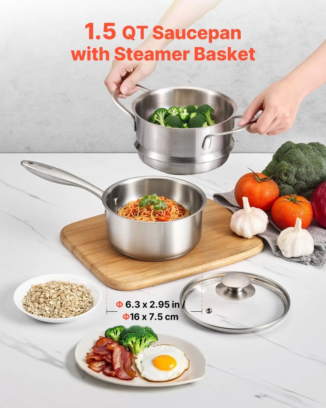1.5 qt stainless steel saucepan with steamer basket featuring sleek metallic finish and dual handles for easy handling