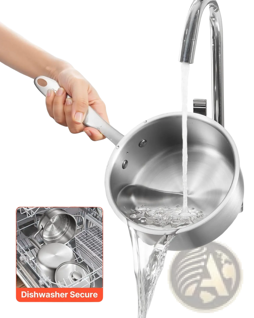 1.5 qt stainless steel saucepan with steamer basket featuring a white handle and riveted lid