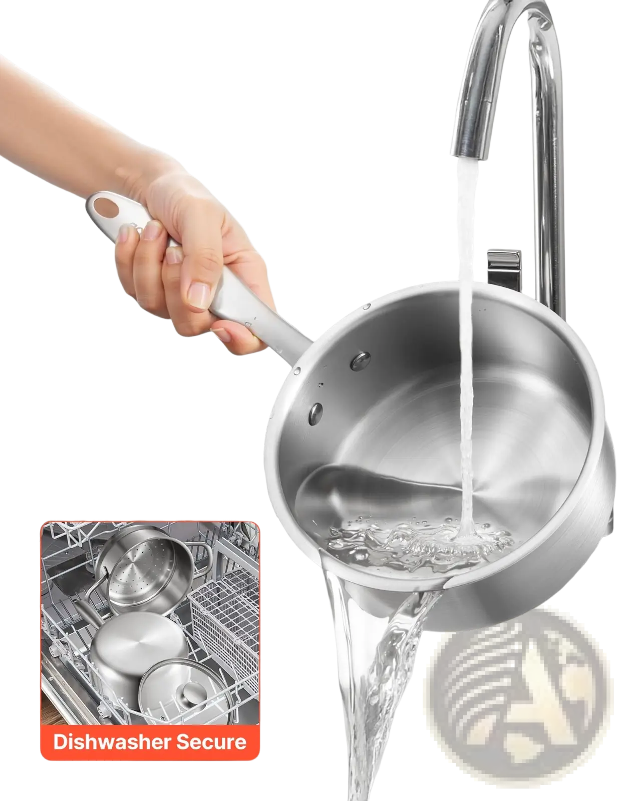 1.5 qt stainless steel saucepan with steamer basket featuring a white handle and riveted lid
