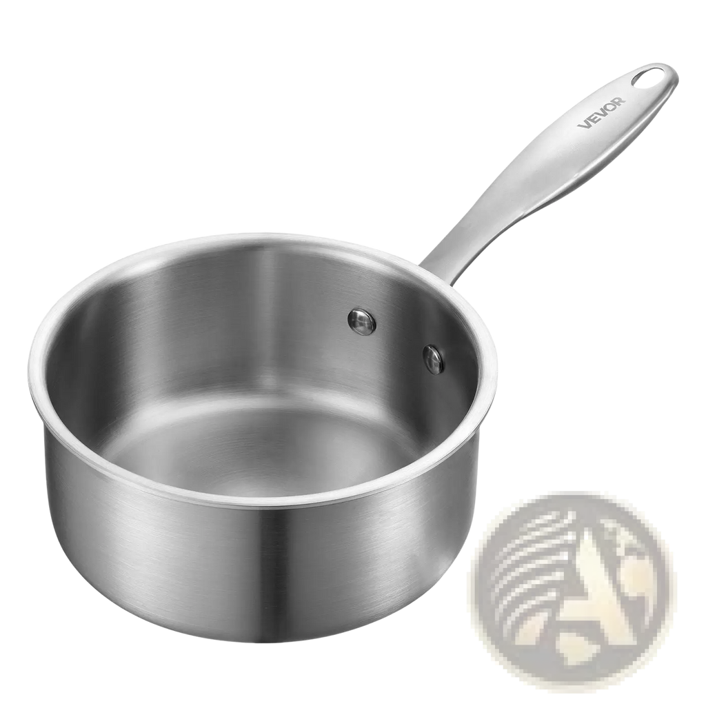 Silver stainless steel 1.5 qt saucepan with steamer basket and ergonomic vevor handle with polished finish