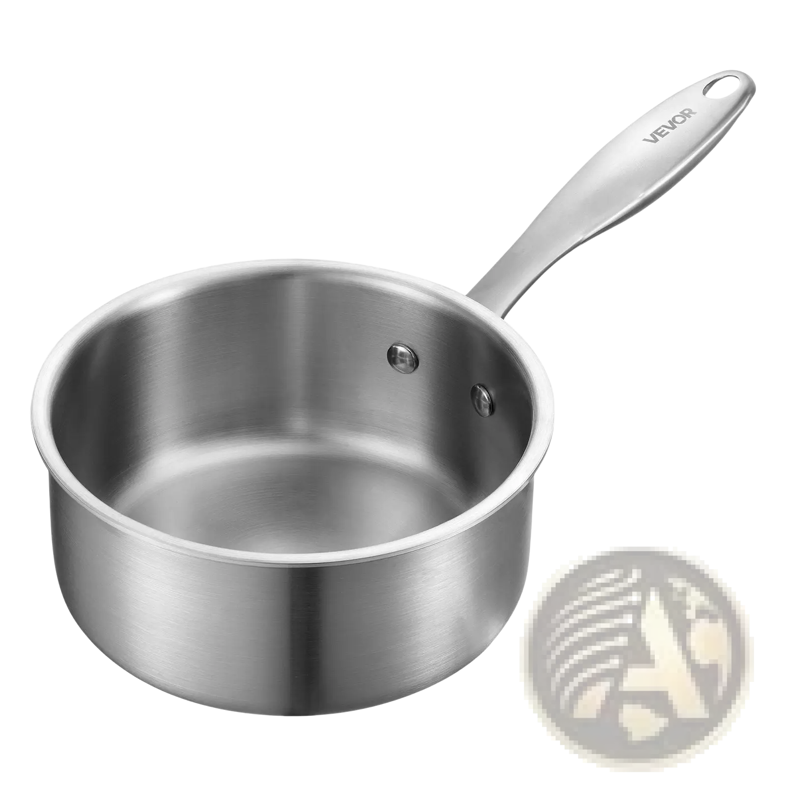 Silver stainless steel 1.5 qt saucepan with steamer basket and ergonomic vevor handle with polished finish