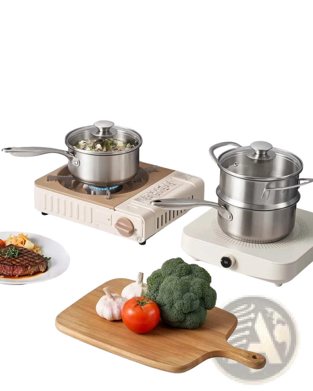 Cream-colored portable electric stove with 1.5 qt stainless steel saucepan and steamer basket on top