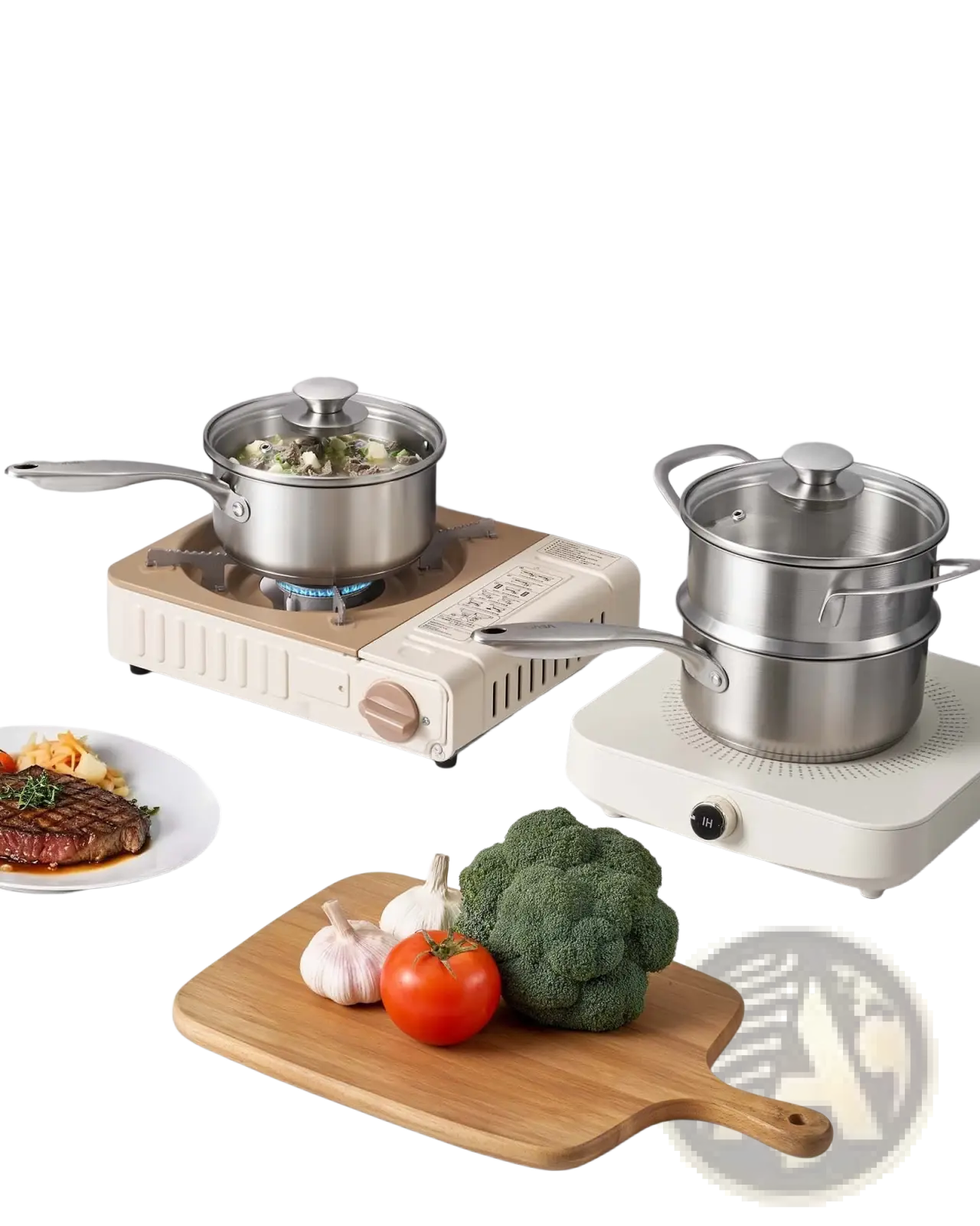 Cream-colored portable electric stove with 1.5 qt stainless steel saucepan and steamer basket on top