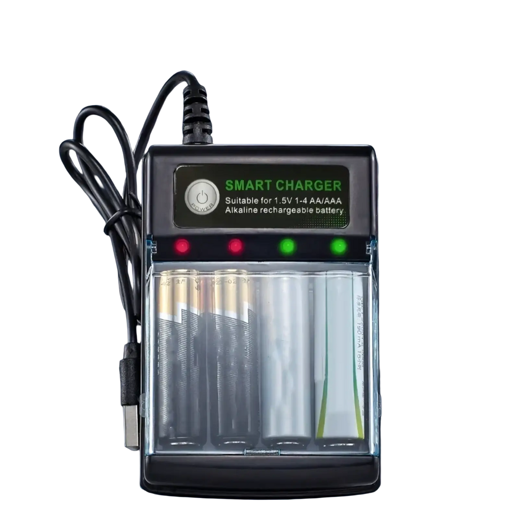 Black smart USB 1.5v alkaline battery charger with four LED indicators for charging AAA batteries