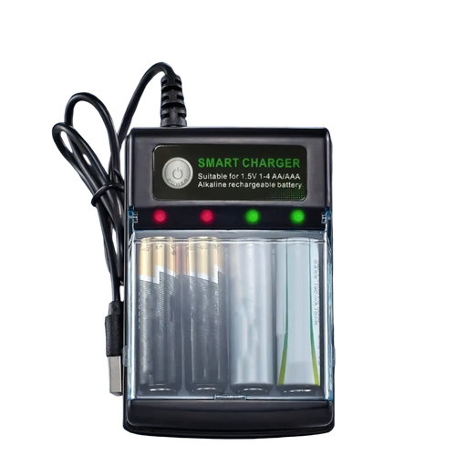 Black smart USB 1.5v alkaline battery charger with four LED indicators for charging AAA batteries