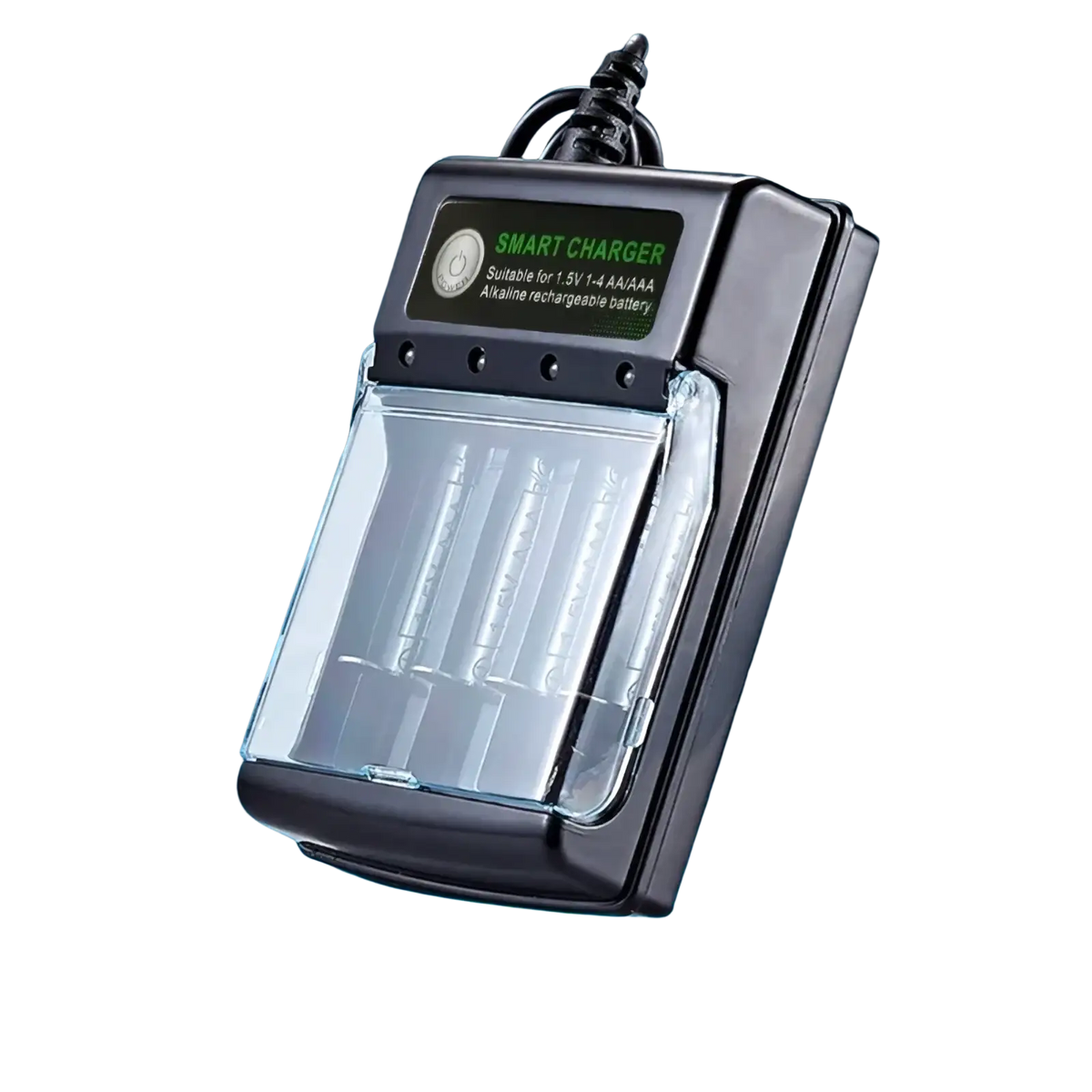 Black smart usb charger with transparent front panel for 1.5v aa aaa alkaline rechargeable batteries 4 slot capacity