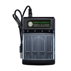 Black smart usb charger with transparent front panel for four aa aaa alkaline rechargeable 1.5v batteries
