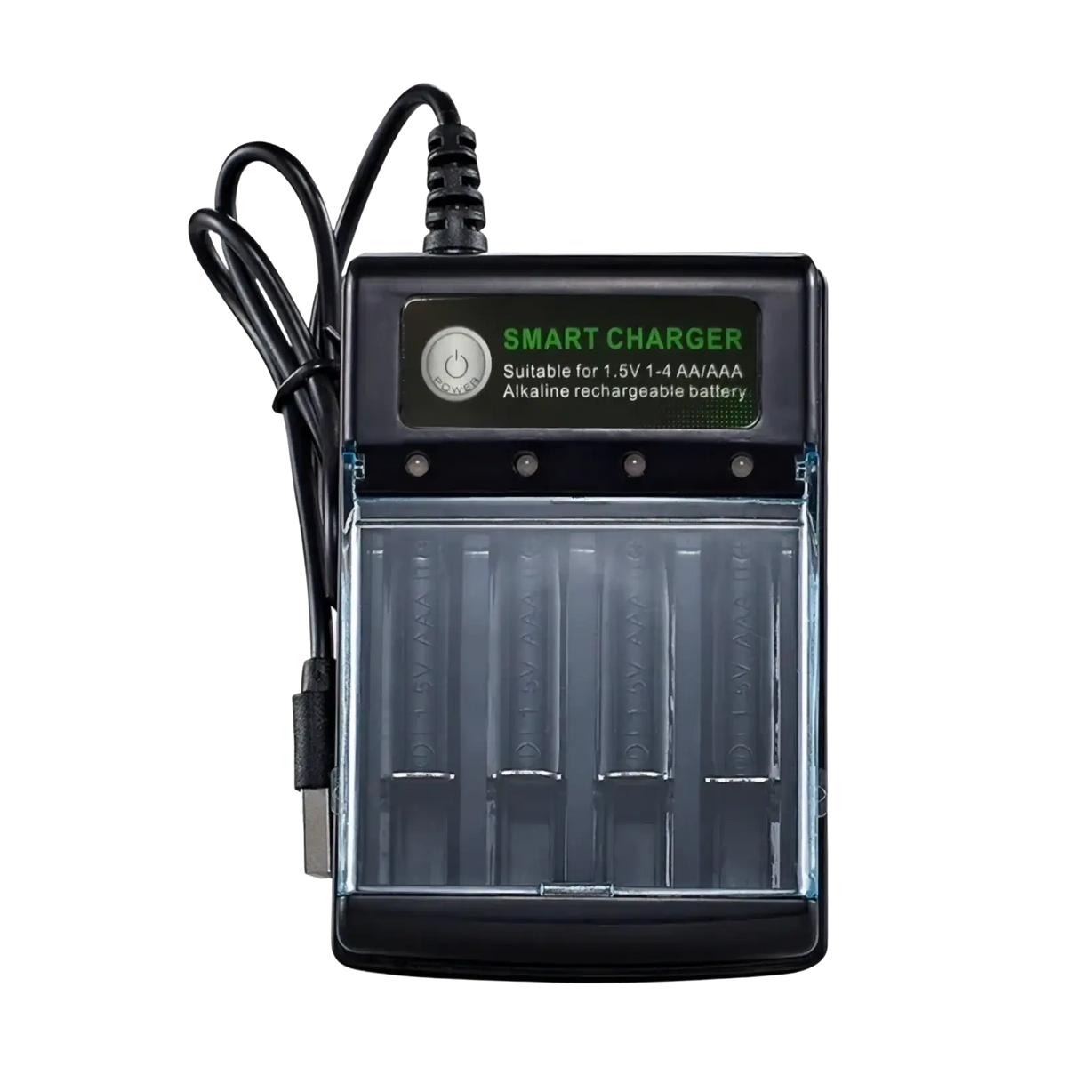 Black smart usb charger with transparent front panel for four aa aaa alkaline rechargeable 1.5v batteries