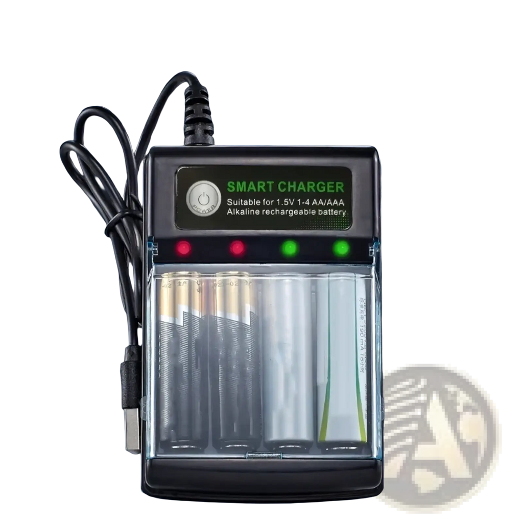Black smart USB 1.5v alkaline battery charger with four LED indicators for charging AAA batteries