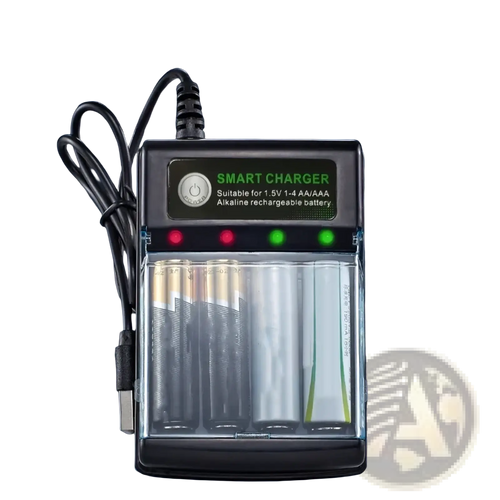 Black smart USB 1.5v alkaline battery charger with four LED indicators for charging AAA batteries