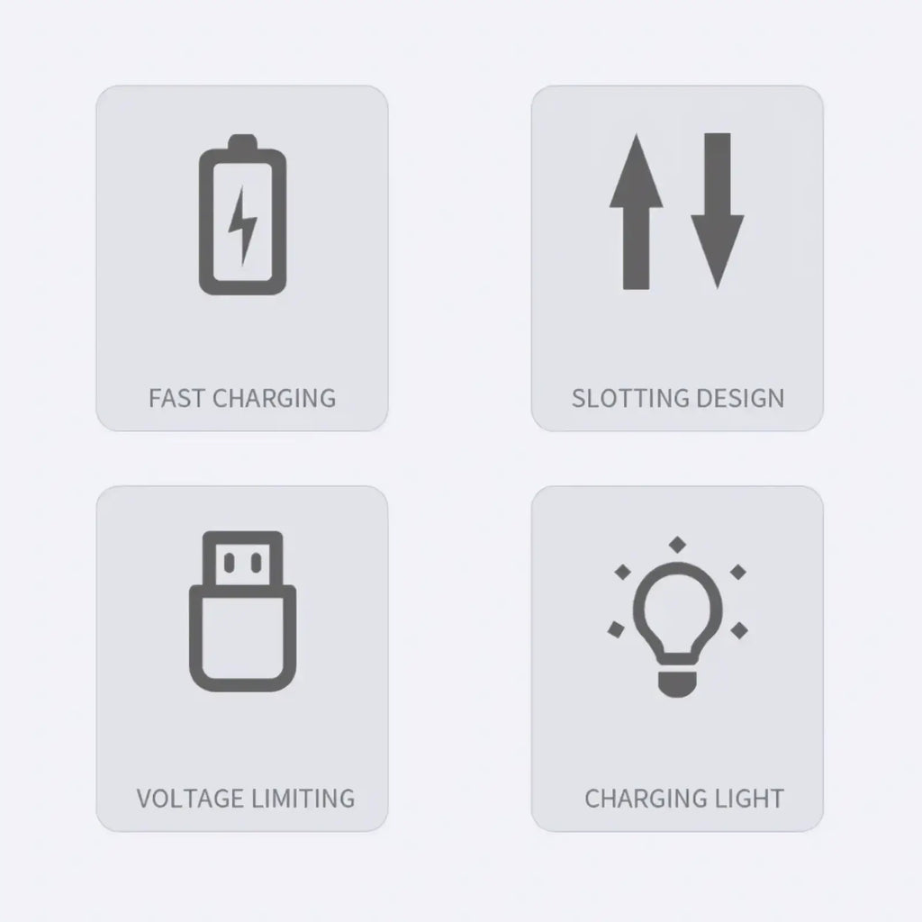 Gray icon set showing fast charging slotting design voltage limiting and charging light features for 1.5v alkaline battery charger 4 slot smart usb