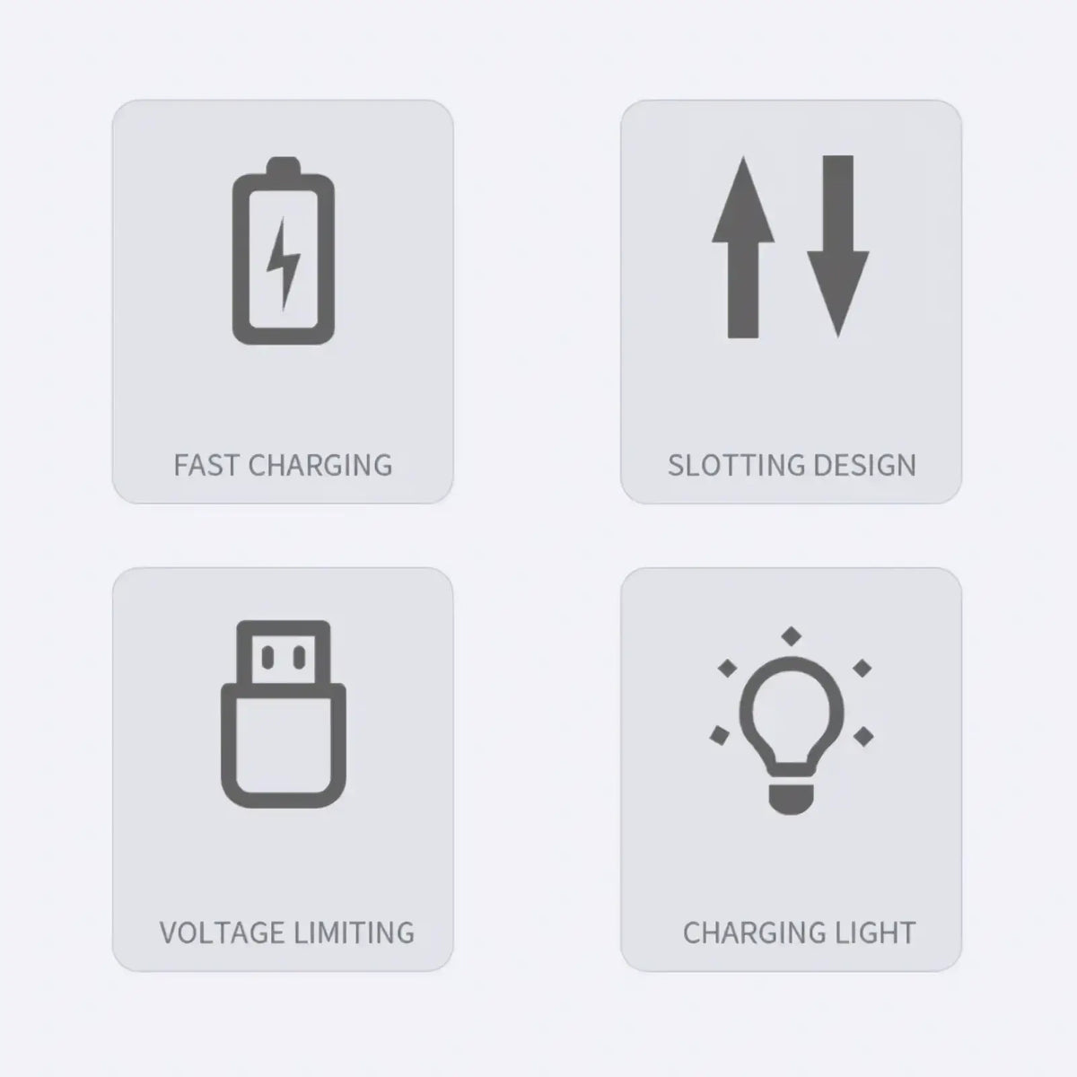 Gray icon set showing fast charging slotting design voltage limiting and charging light features for 1.5v alkaline battery charger 4 slot smart usb