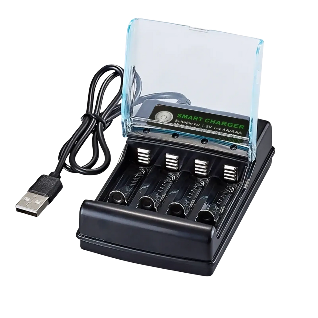 Black plastic 1.5v alkaline battery charger with clear lid, 4 slot smart usb for aa and aaa batteries