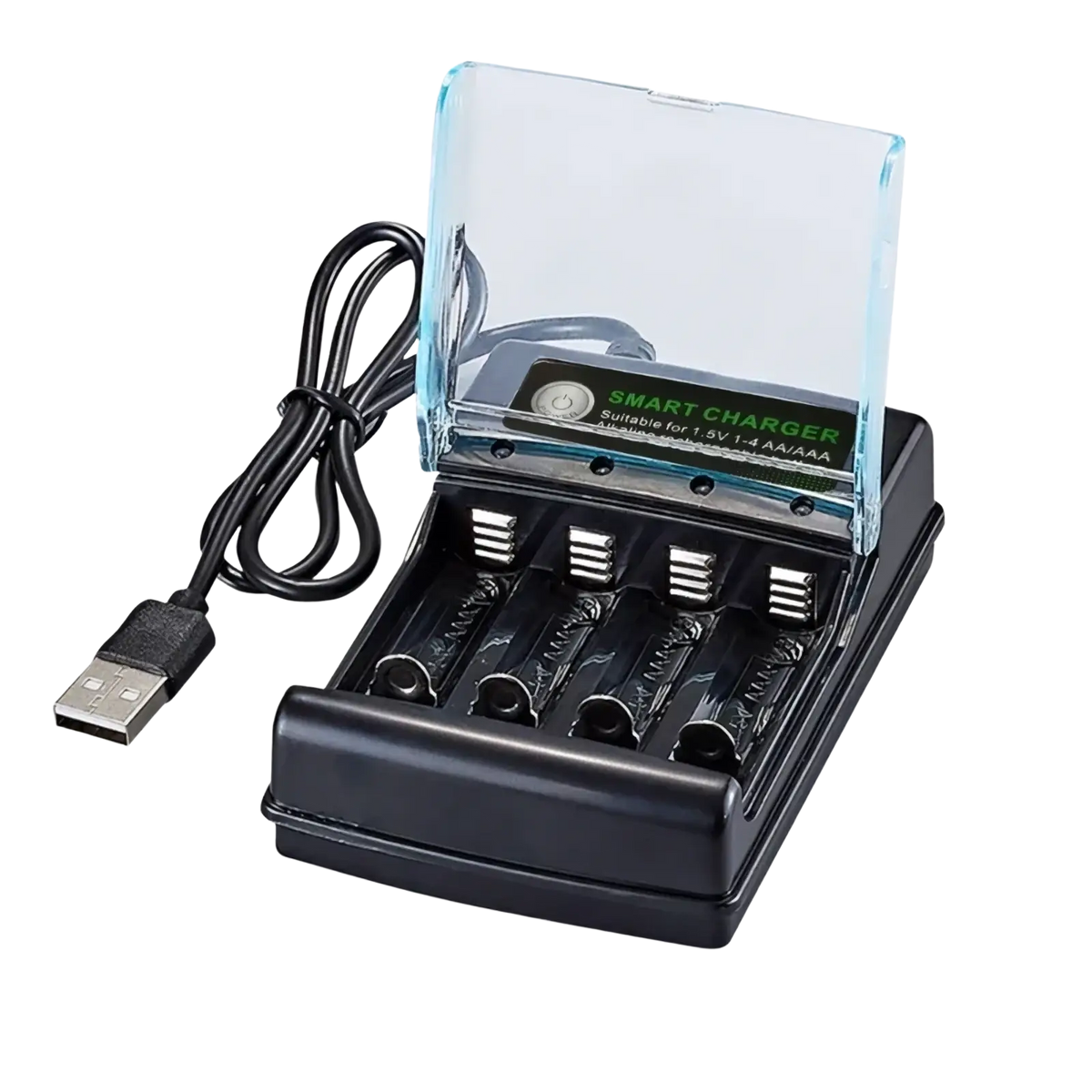 Black plastic 1.5v alkaline battery charger with clear lid, 4 slot smart usb for aa and aaa batteries