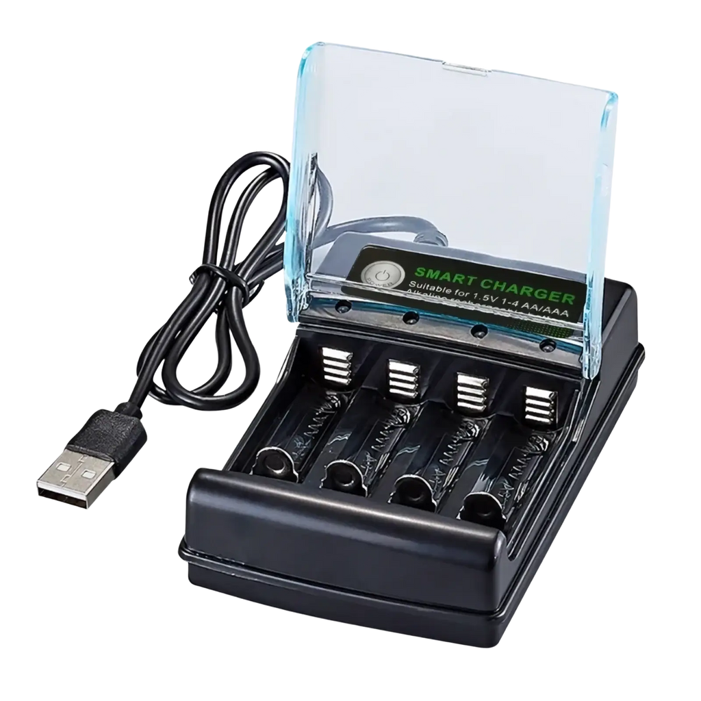 Black plastic 1.5v alkaline battery charger with four slots for aa aaa batteries clear lid and usb cable