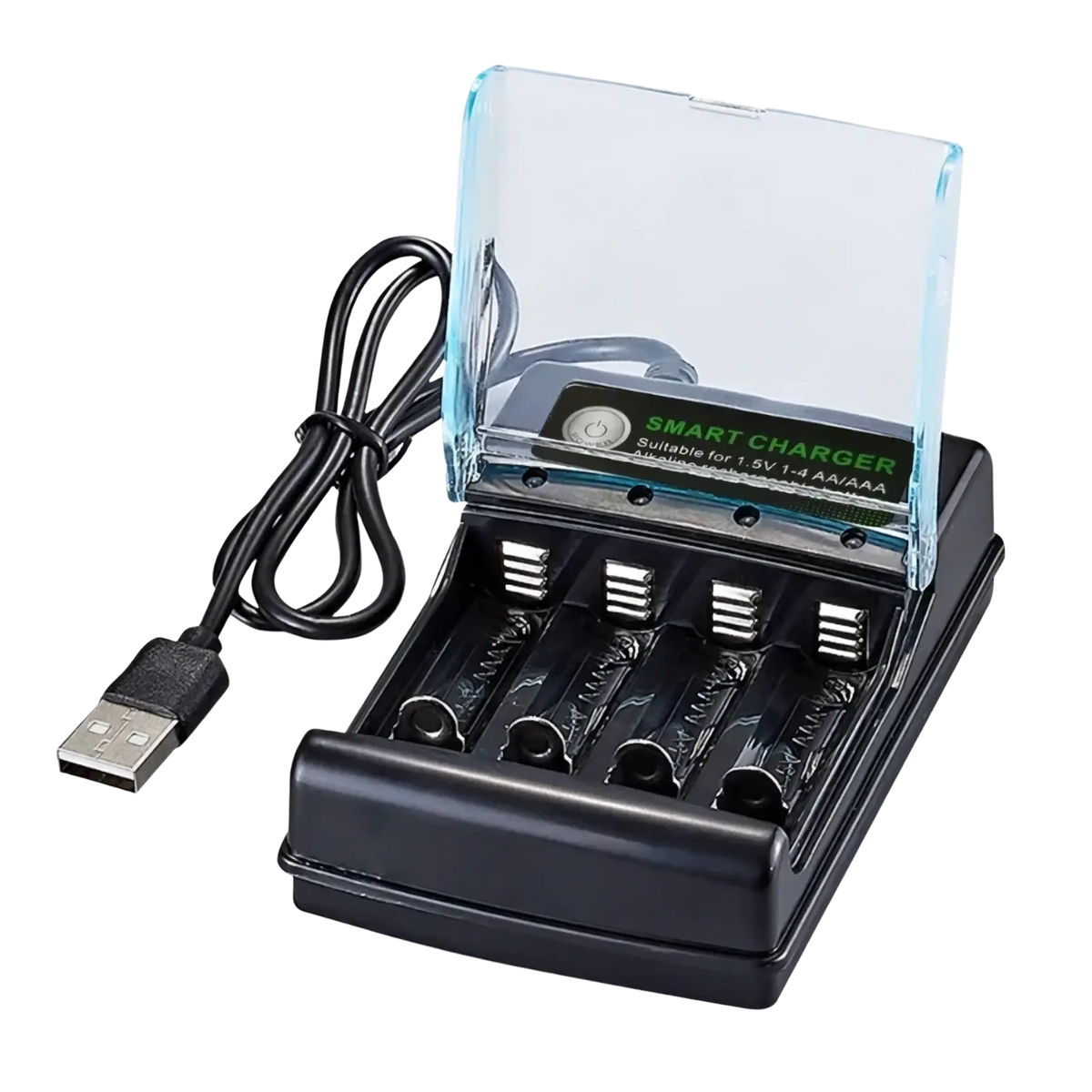 Black plastic 1.5v alkaline battery charger with four slots for aa aaa batteries clear lid and usb cable