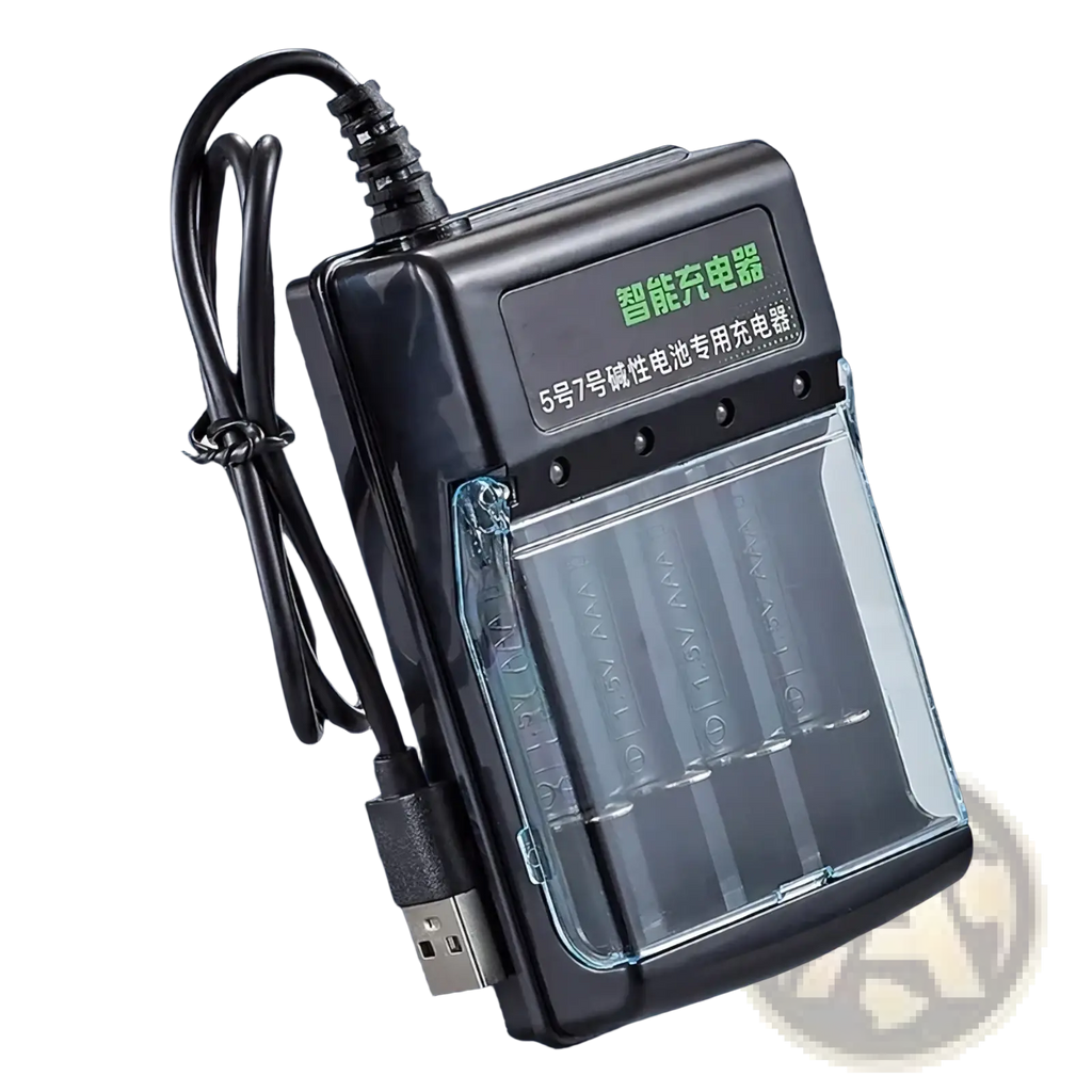 Black plastic 1.5v alkaline battery charger with transparent front panel usb cable and green led display for 4 aa/aaa batteries