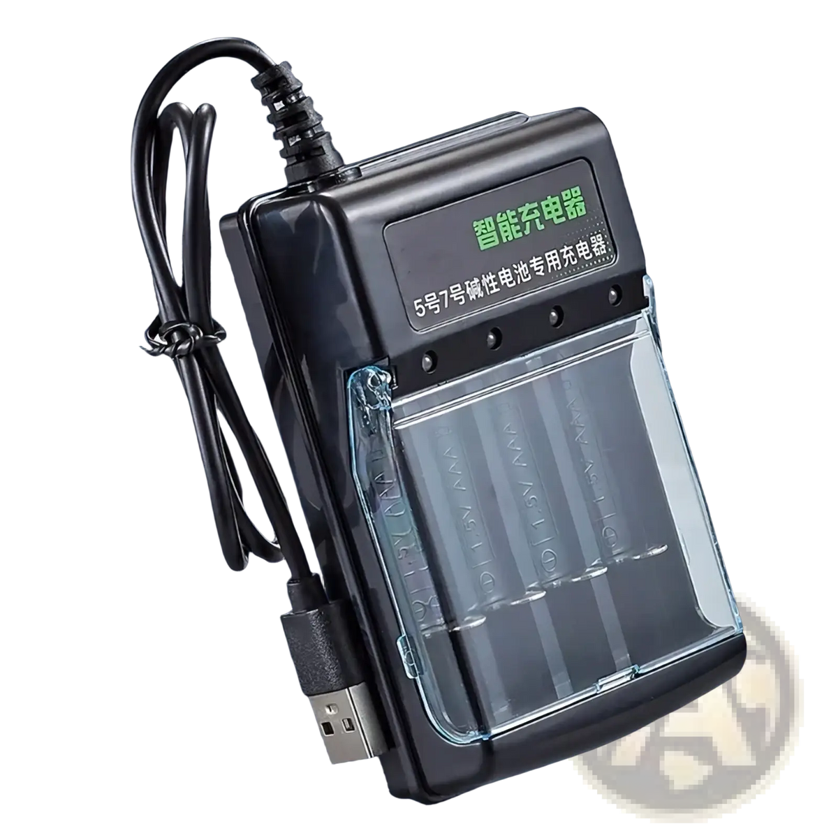 Black plastic 1.5v alkaline battery charger with transparent front panel usb cable and green led display for 4 aa/aaa batteries