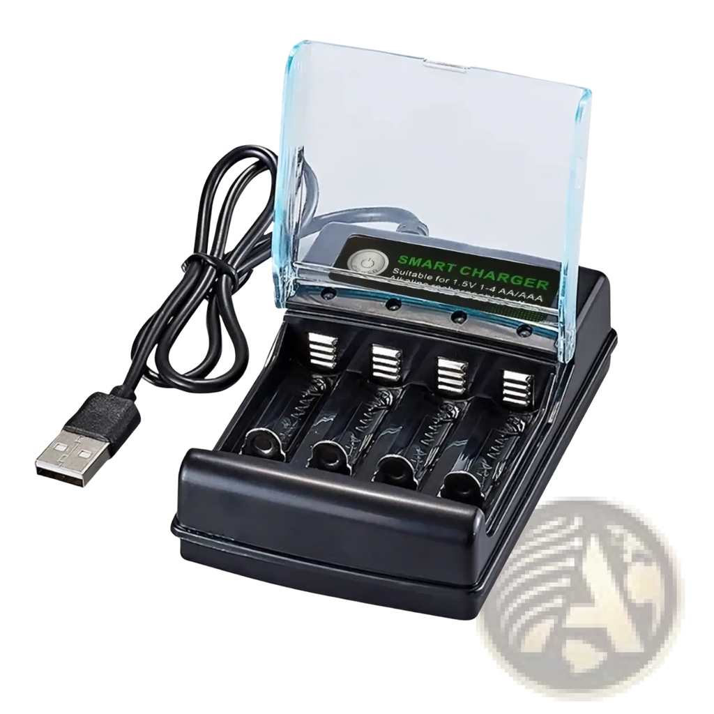 Black plastic 1.5v alkaline battery charger with clear lid, 4 slot smart usb for aa and aaa batteries