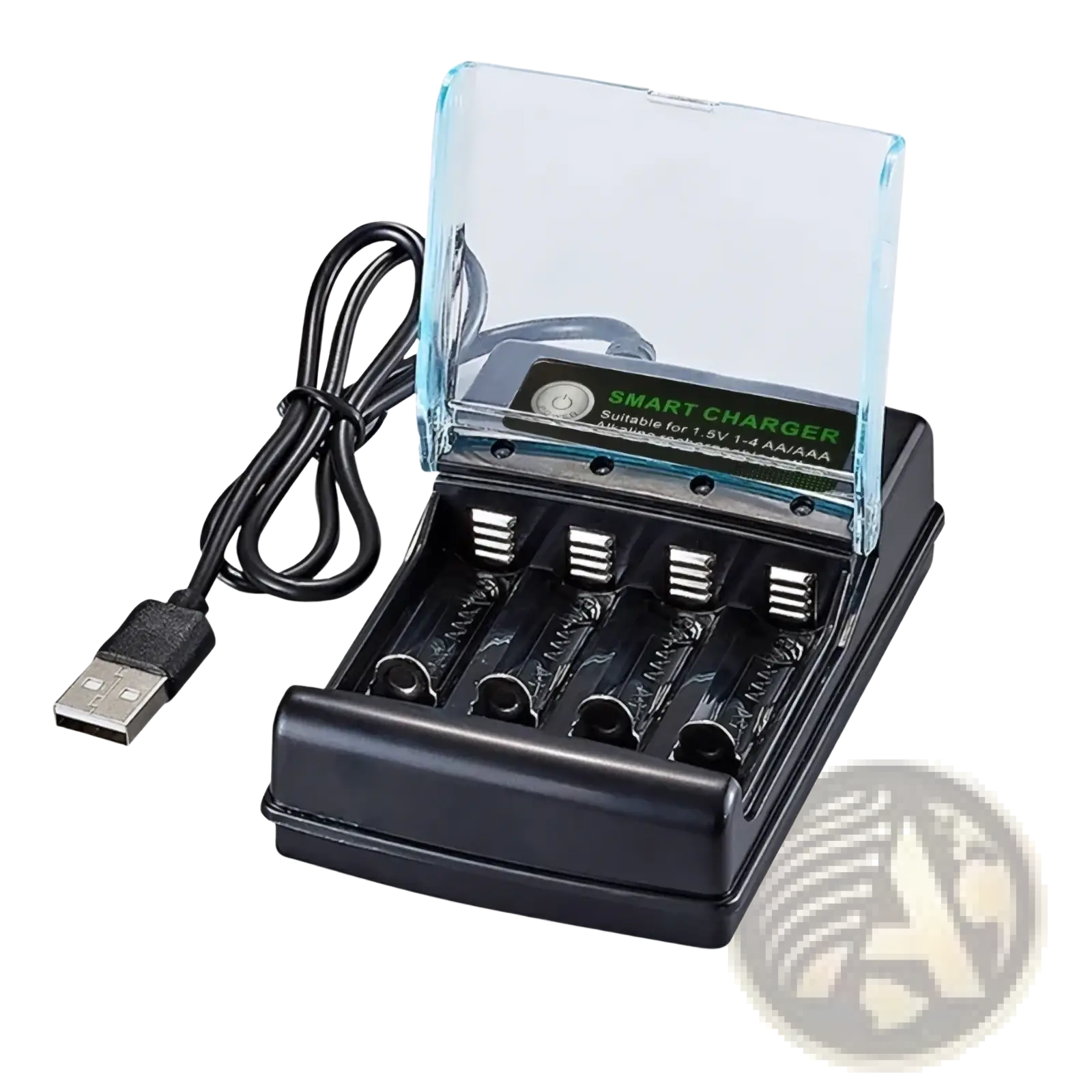 Black plastic 1.5v alkaline battery charger with clear lid, 4 slot smart usb for aa and aaa batteries