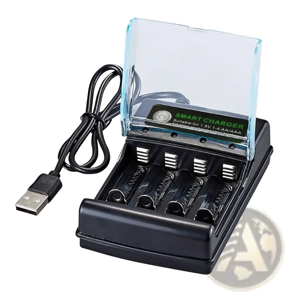 Black plastic 1.5v alkaline battery charger with four slots for aa aaa batteries clear lid and usb cable