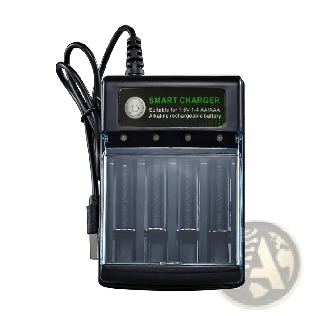 Black smart usb charger with transparent front panel for four aa aaa alkaline rechargeable 1.5v batteries
