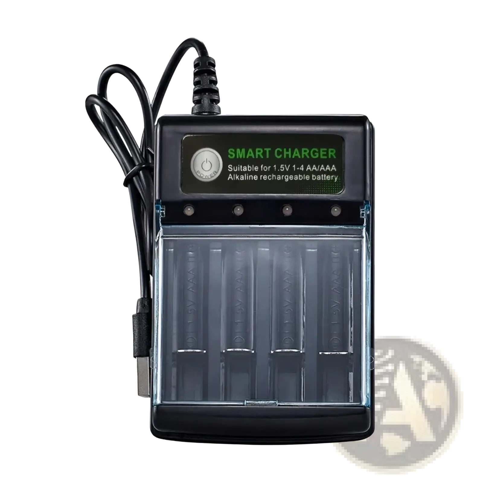Black smart usb charger with transparent front panel for four aa aaa alkaline rechargeable 1.5v batteries