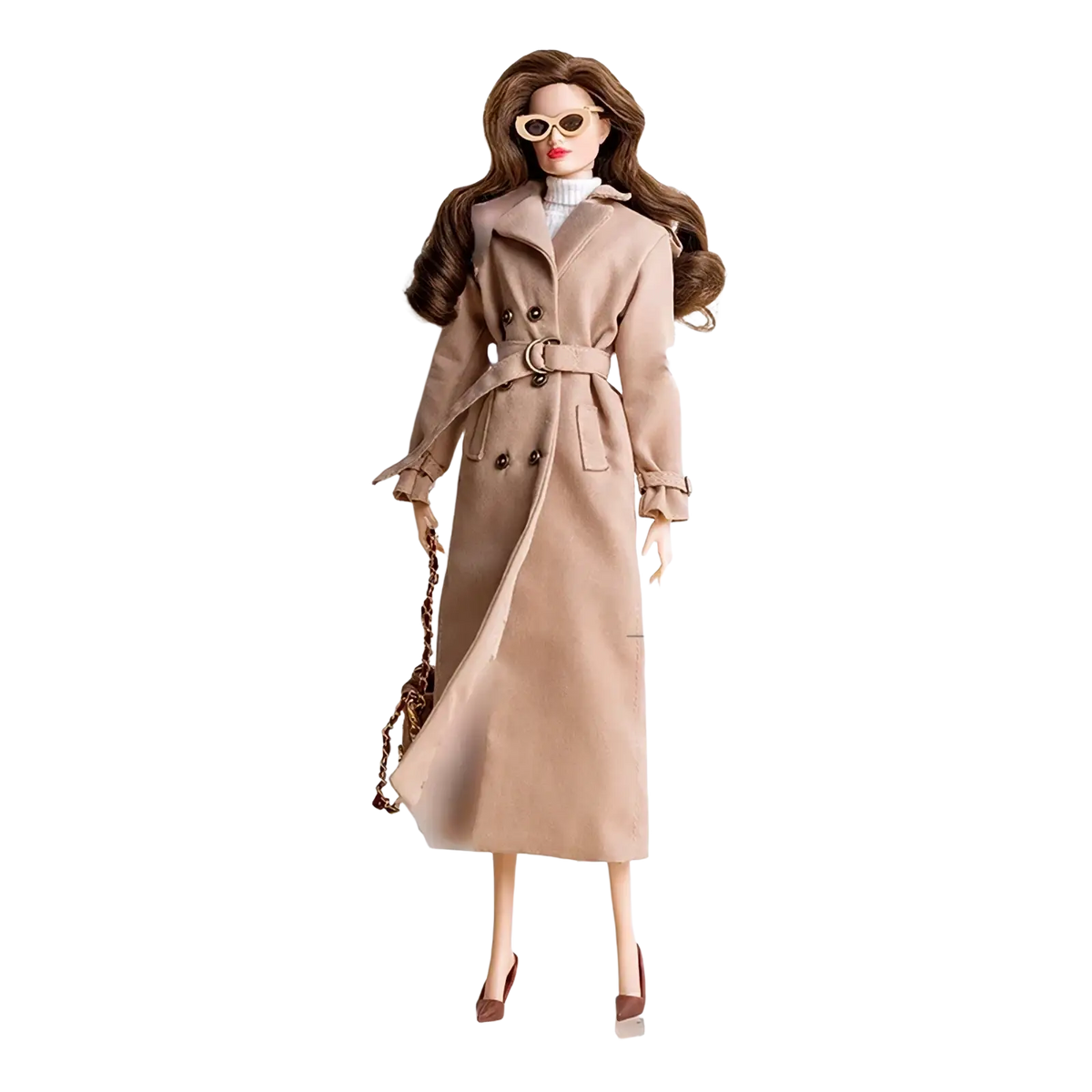 Beige classic long trench coat with double-breasted front belt detail and ruffled cuffs for 1/6 doll fall winter set
