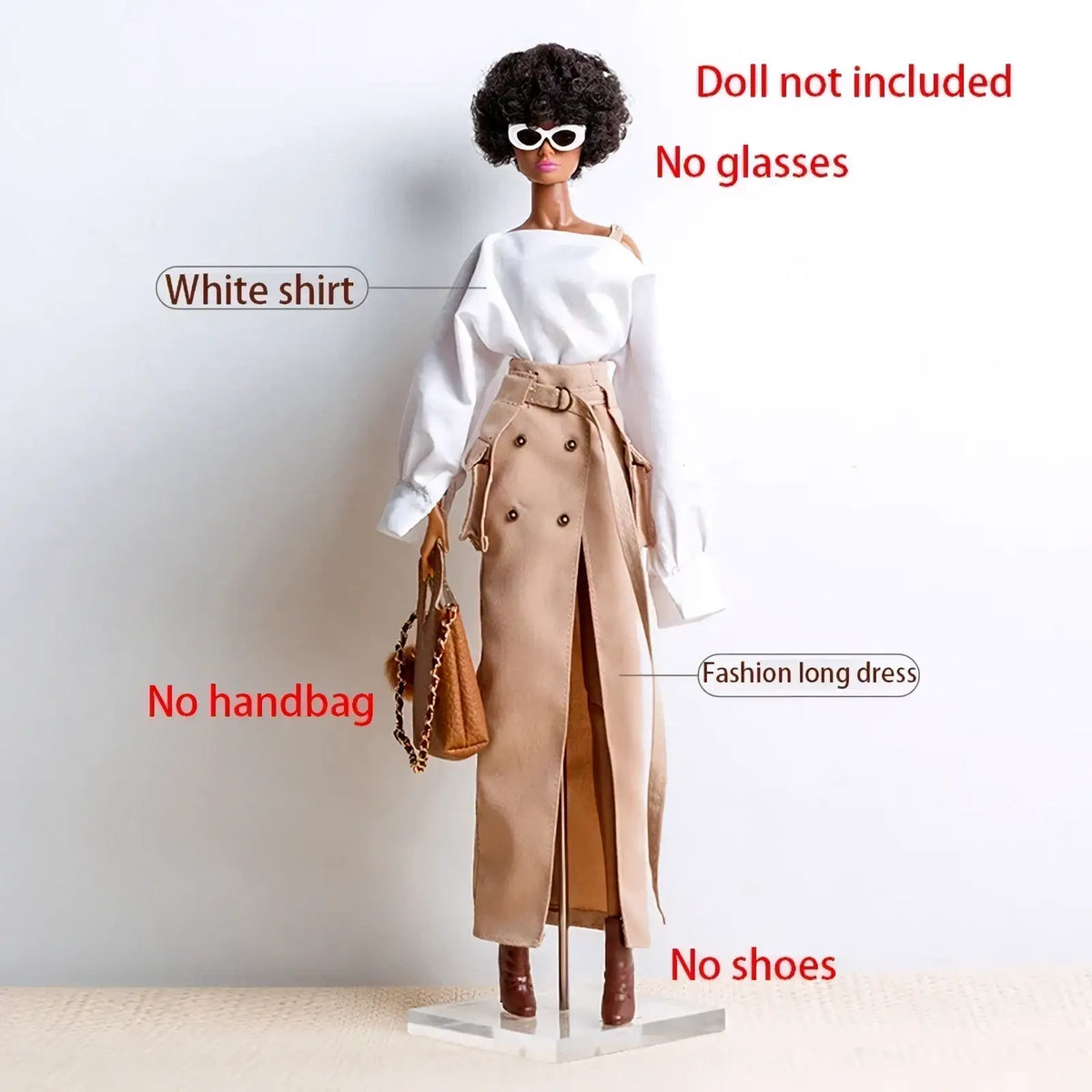 Beige double-breasted long dress with belted waist and side slit featured in 1 6 doll fall winter retro jacket coat set