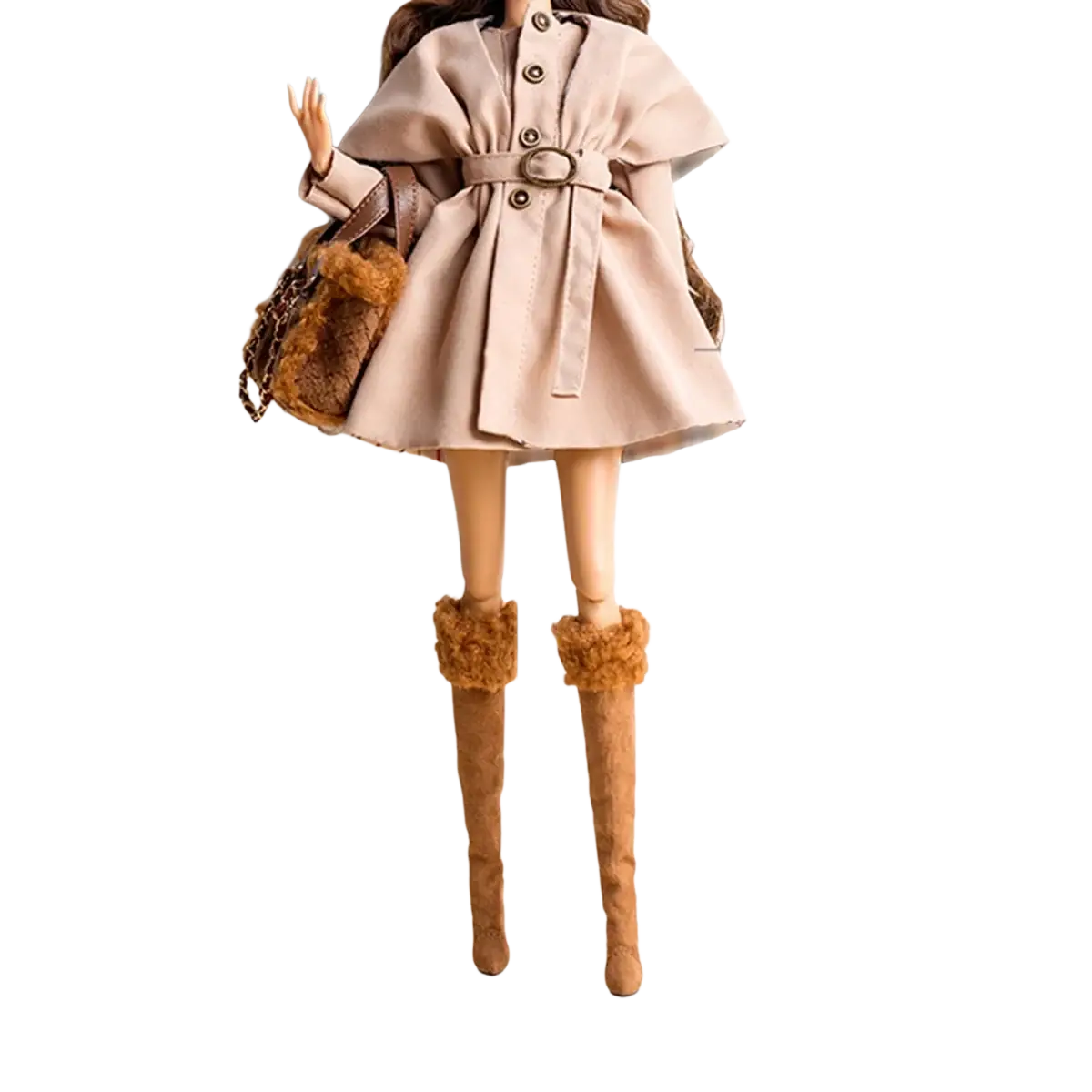 Beige fashion windbreaker jacket with belted waist and buttoned front for 1/6 doll fall winter retro coat set