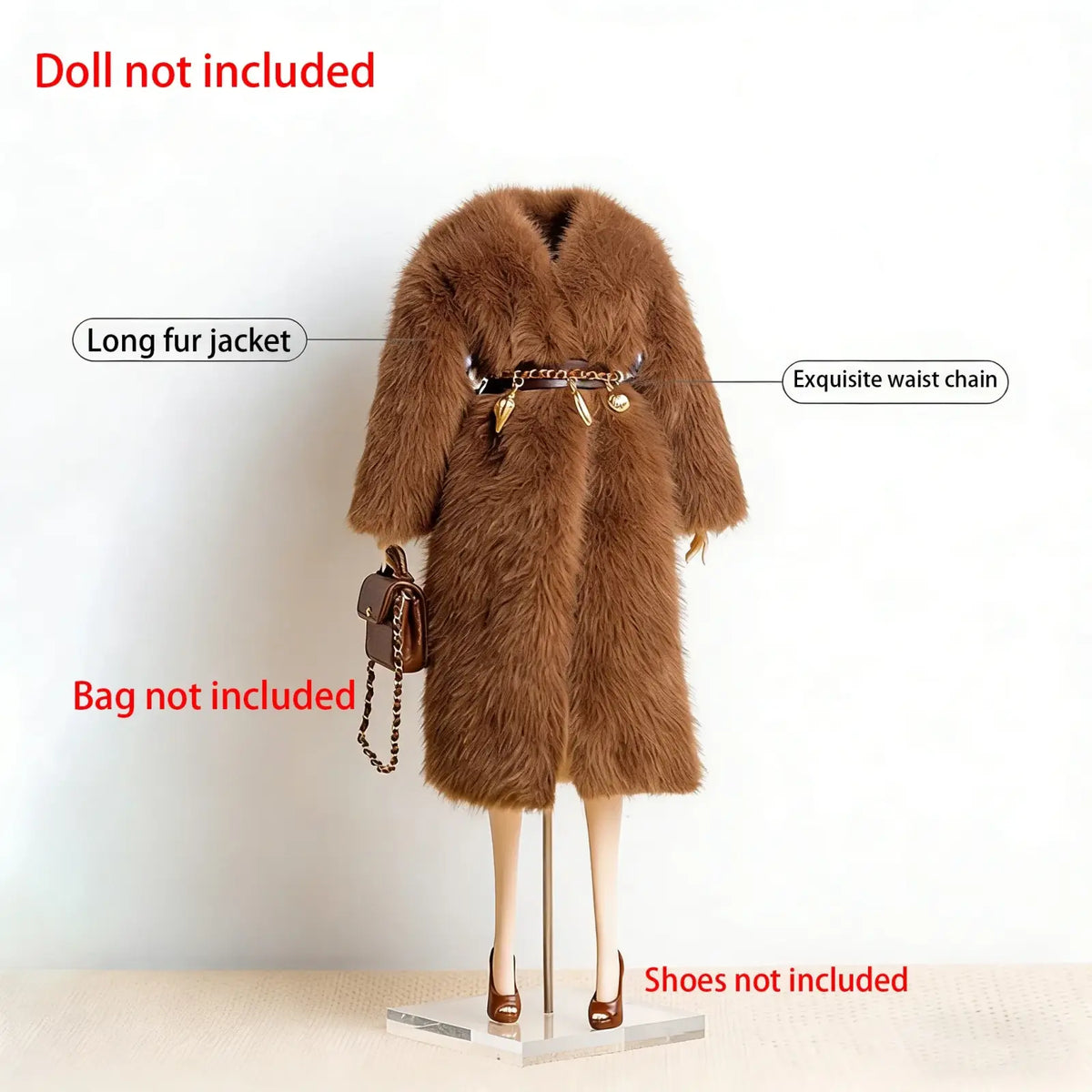 Brown long fur coat with plush luxurious texture and classic collar in 1/6 doll fall winter retro jacket coat set