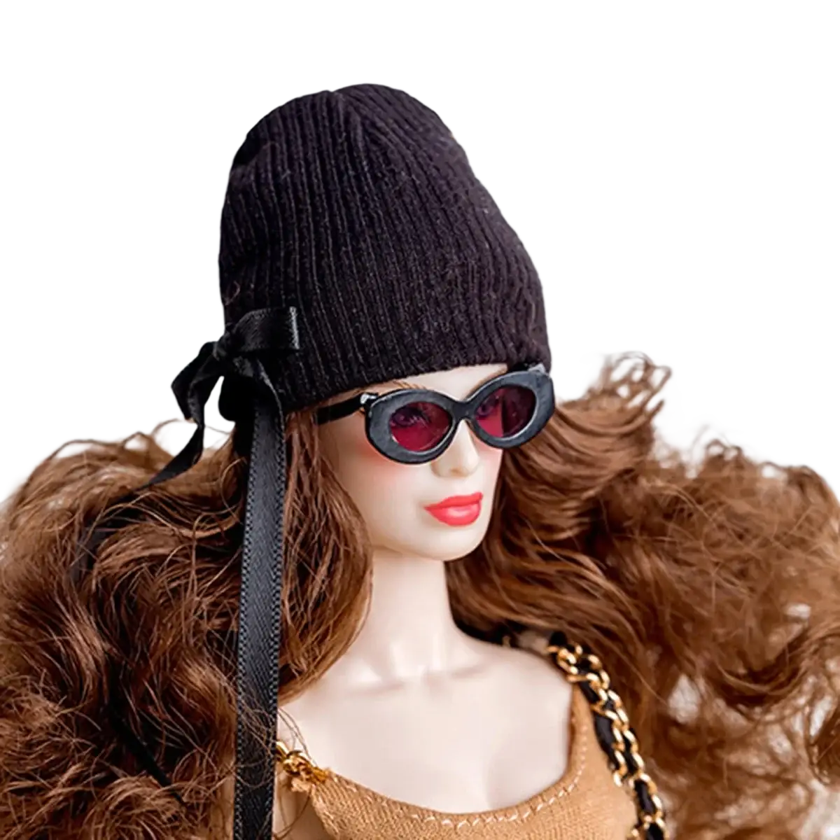 Black bow knitted hat for 1/6 doll fall winter retro jacket coat set accessory in soft warm material