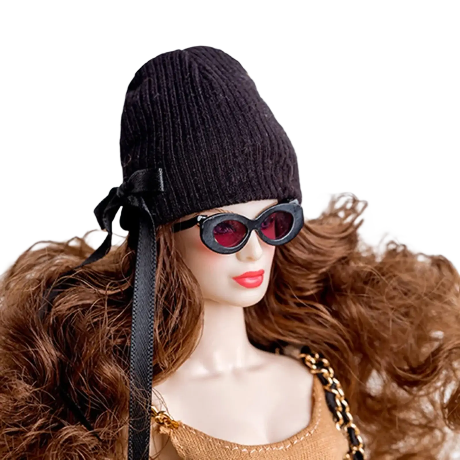 Black bow knitted hat for 1/6 doll fall winter retro jacket coat set accessory in soft warm material