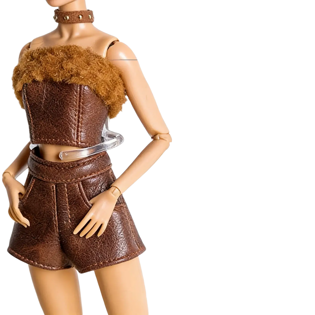 Brown faux leather 1/6 doll fall winter retro vest with fluffy brown fur trim and clear plastic belt buckle