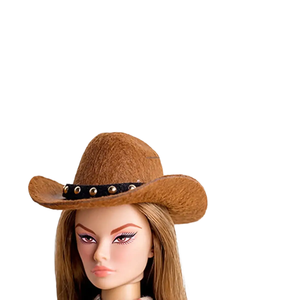 Brown felt cowboy hat with black band and gold studs featured in 1/6 doll fall winter retro jacket coat set