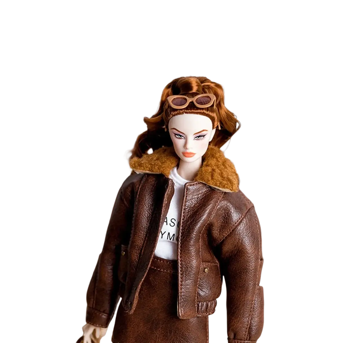 Brown leather aviator jacket with fur-lined collar and matching skirt for 1/6 doll fall winter retro set